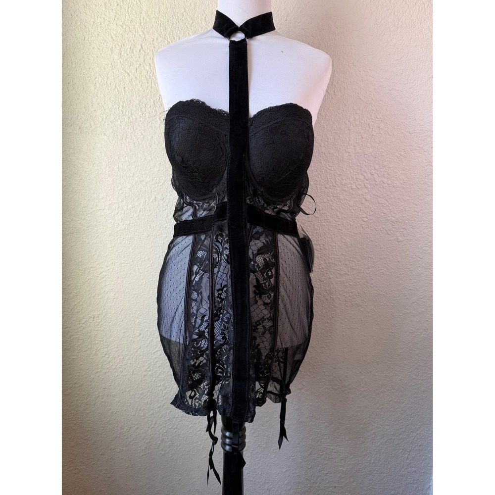 NWT Dreamgirl Black Lace Velvet Harness Garter‎ Chemise Set Plus Size 1X